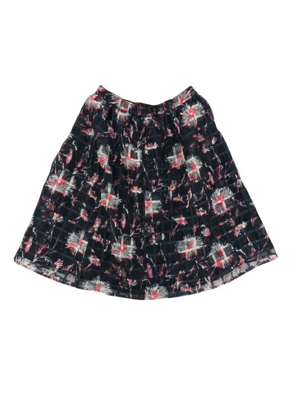 Navy Floral‎ Check A Line Skirt Textured Overlay Abstract Office Feminine Prep 6